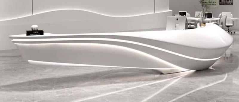 Sculptural Curved Boat-Shaped Office Lobby Reception Desk with Integrated LED Lighting