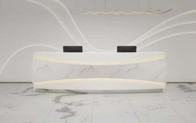 Curved Dual-Station Commercial Reception Desk with Integrated LED Lighting
