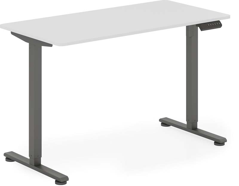 Electric Height-Adjustable Standing Desk with White Desktop and Gray T-Leg Frame