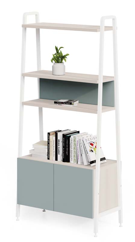 4-Tier Open Shelving Bookcase with 2-Door Lower Closed Cabinet, White Ladder Frame