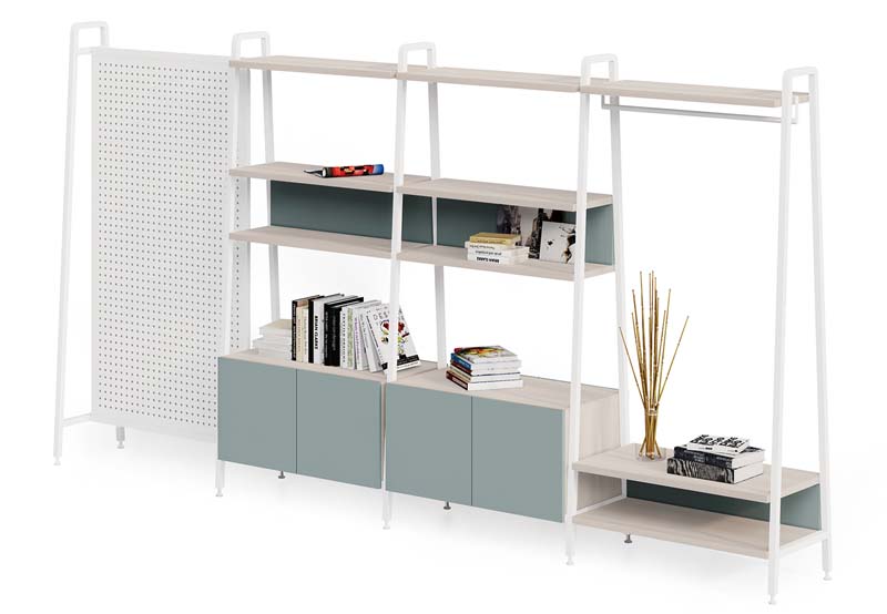 Modular Freestanding Room Divider Open Storage Unit with Pegboard, Hanging Rod and Lower Cabinets