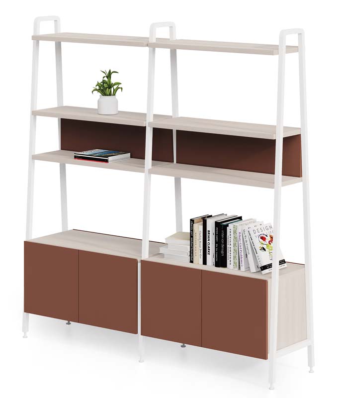 Double-Bay Staggered Open Shelving Unit With Lower Closed Cabinet