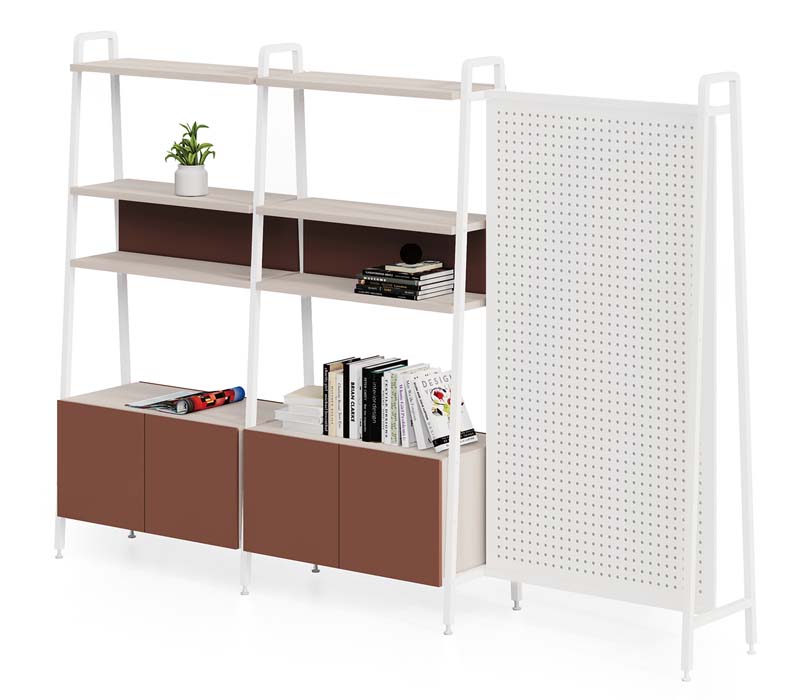 Freestanding Office Open Shelving Unit with Pegboard Divider and Enclosed Lower Cabinet
