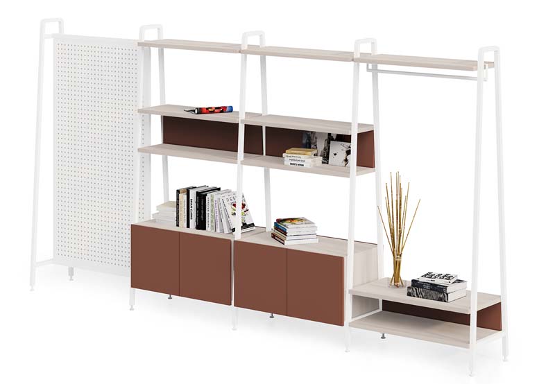 Modular Open Shelving Unit with Integrated Pegboard Divider and Hanging Rail