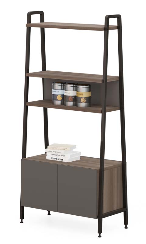 Walnut-Gray Ladder Bookshelf with 2-Door Lower Storage Cabinet