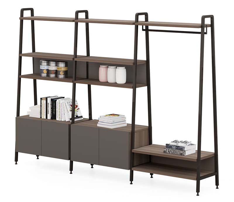 Modular Open Bookshelf with Closed Storage Cabinets and Integrated Garment Hanging Bar