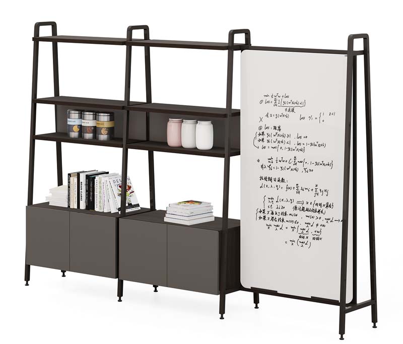 Dual-Bay Open Shelving Unit with Integrated Double-Sided Whiteboard Divider and Lower Closed Cabinets