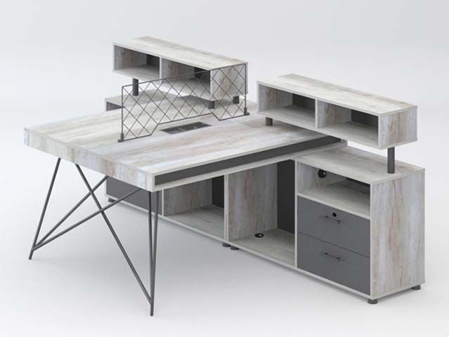 Industrial L-Shaped Executive Office Desk with Storage Return, Desktop Organizers and Grid Divider