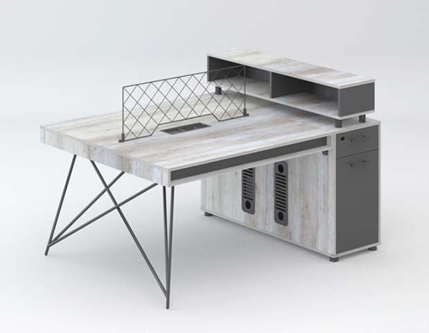 Industrial 2-Person Adjacent Staff Workstation Desk with Mesh Divider, Storage Pedestal and Hutch