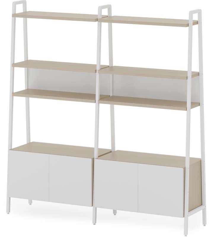 Two-Tone Double-Module Ladder Bookshelf with Lower Closed Cabinets
