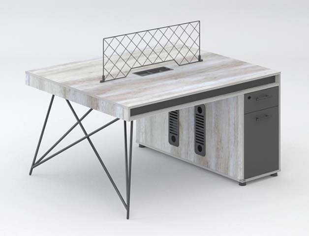 2-Person Facing Office Workstation Desk with Diamond Mesh Divider and Lockable Drawer Pedestal