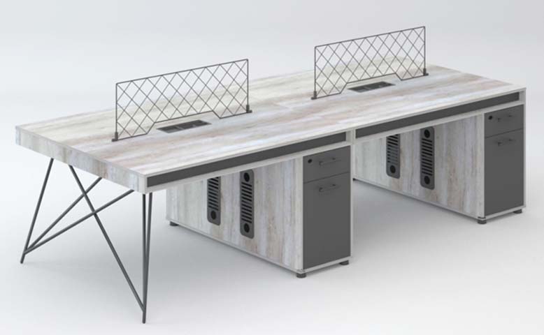 2-Person Back-to-Back Industrial Office Workstation with Mesh Dividers and Integrated Pedestals