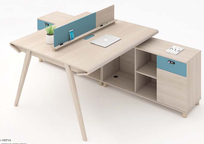 Two-Person Face-to-Face Office Workstation Desk with Blue Privacy Divider and Side Storage Cabinet Y0714-DBL-WS-LK