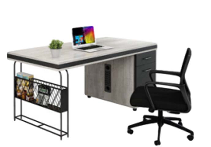 Light Grey Wood-Effect Computer Desk with Right 2-Drawer Pedestal and Left Wire Mesh Under-Desk Shelf CD-GRY-1220D2-MSH