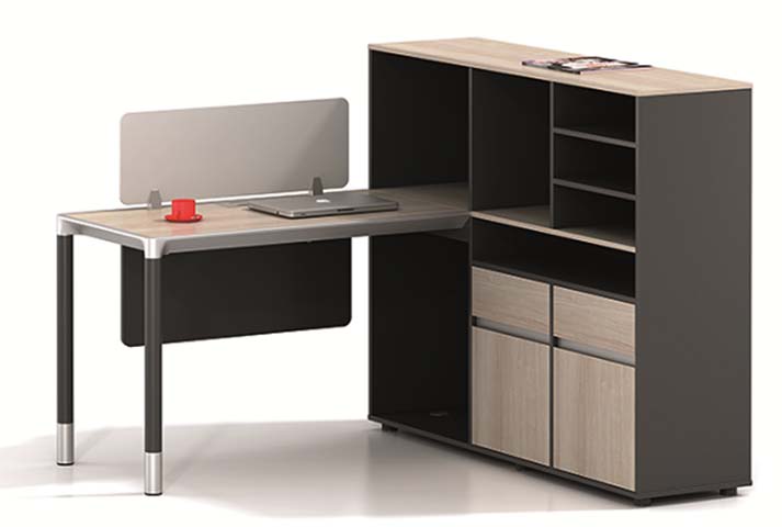Two-Tone L-Shaped Office Workstation with Integrated Storage Credenza and Frosted Divider LWS-CR1616-OAKGRY