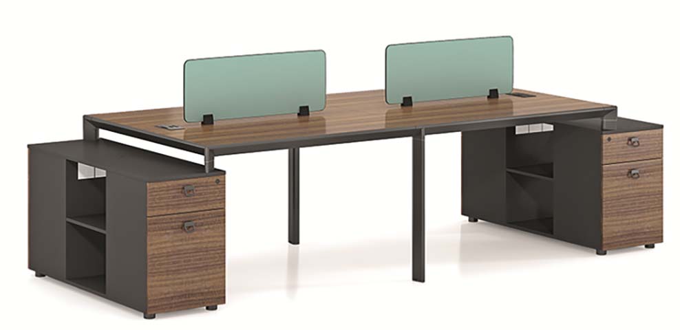 2-Person Side-by-Side Office Workstation with End Storage Pedestals and Frosted Privacy Dividers WS2-2400-WL-BLK
