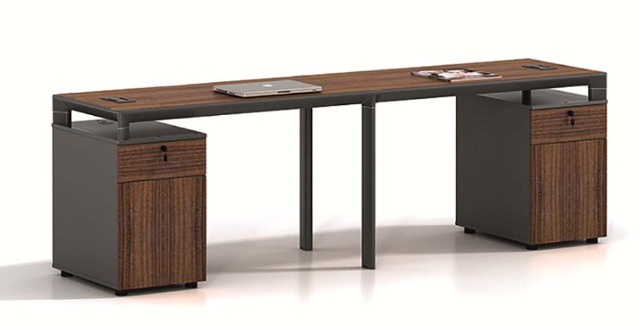 Two-Person Side-by-Side Office Workstation with Integrated Lockable End Pedestals WS-2P-2400-WAL-GRY