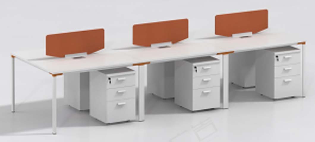 6-Seat Double-Sided Modular Bench Office Workstation with Terracotta Dividers and 3-Drawer Mobile Pedestals OFW-BN6-3600-1200-750-WT-TRC