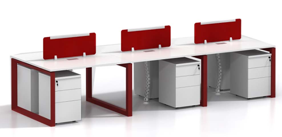3-Person Linear Bench-Style Open Office Workstation with Privacy Dividers and Mobile Pedestals BNK-3P-RD-001