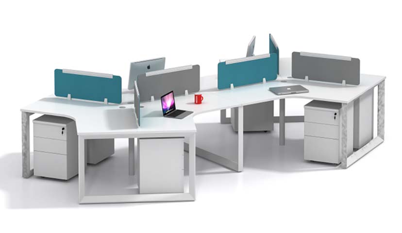 6-Person Curved Modular Open-Plan Office Bench Workstation with Privacy Dividers and Mobile Pedestals CRV-WS-6P-DIV-MP