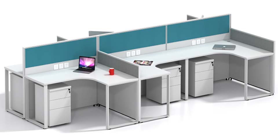 4-Person L-Shaped Modular Office Workstation with Fabric Dividers and Mobile Pedestals WS-L4-FD-01