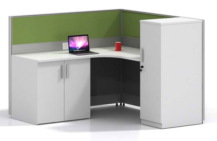 Single Corner Workstation with Attached Storage Pedestal and Partition Screens WS-COR-120CAB-GRN