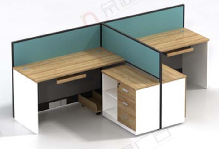 Two-Person L-Shaped Partitioned Office Cubicle Workstation with Storage Pedestals WS-2P-L-PART-TEAL-OAK
