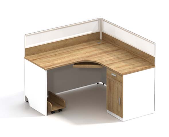 Single-Person L-Shaped Corner Office Workstation with Privacy Partition, Keyboard Tray and Storage CORNER-WS-1630-OAK-WHT