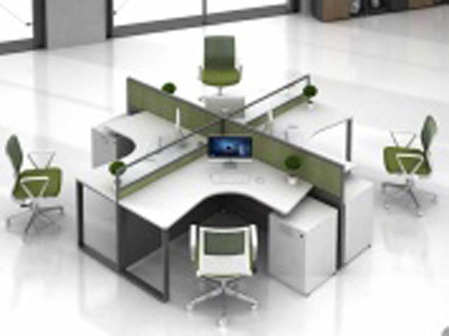 4-Person Cross-Shaped Modular Office Cubicle Workstation Cluster with Curved L-Desks and Under-Desk Storage CUB-4P-CURV-GRN-3020