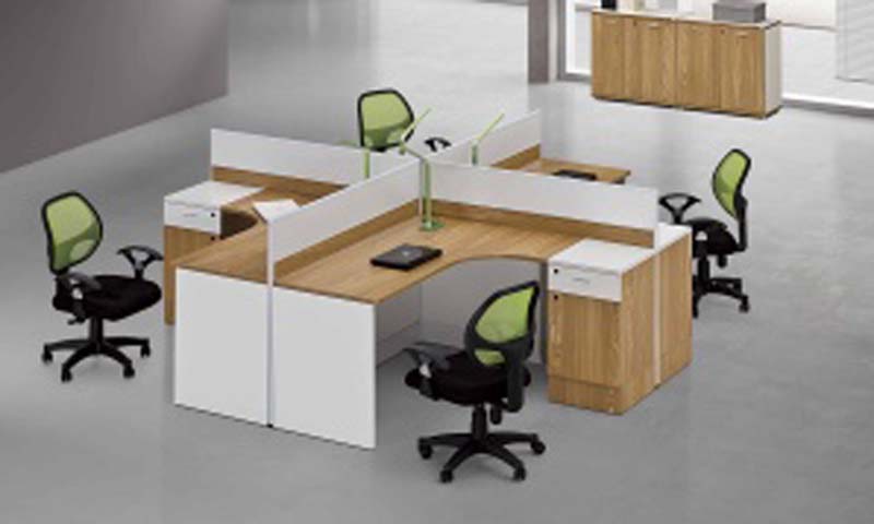 4-Person Cross-Shaped L-Shape Modular Office Workstation Cluster with Low Dividers and Storage Pedestals WS-CR4-L-OAKWHT-01