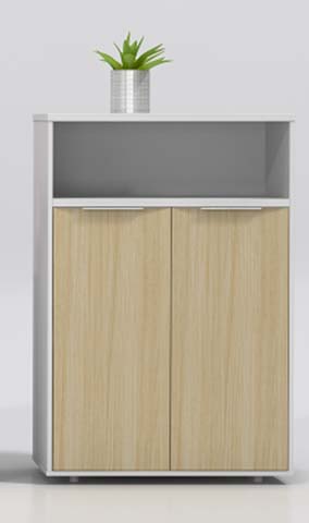 Mid-Height Office Storage Cabinet with Light Oak Sliding Doors and Frosted Upper Panel OFC-STG-LK1200-SLD