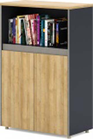 Two-Tone Half-Open Office Storage Cabinet with Upper Bookshelf and Lower Double Doors OFC-CAB-800W-400D-1200H-OAKGRY