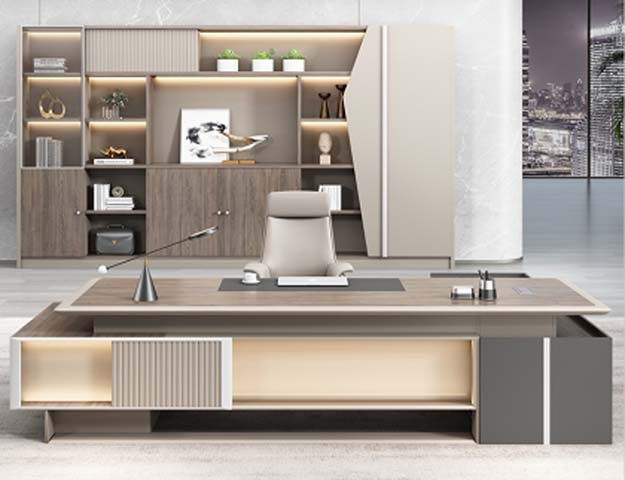Modern Light Luxury Dual-Pedestal Executive Office Desk with LED Shelves EXD-LUX-2800-LED-GRY