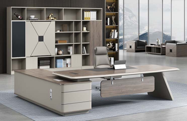 L-Shaped Executive Office Desk with Integrated Storage Pedestal and Matching Wall Bookcase Set EXE-L2800-WAL-LG