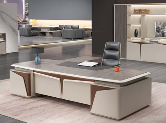 Two-Tone Freestanding Geometric Panel Executive Desk with Recessed Desk Pad EXEC-2T-WF-2400
