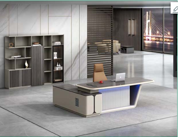 L-Shaped Executive Office Desk with Fixed Left Storage Return and Blue LED Accent Lighting EXD-L2800-FL-LBL