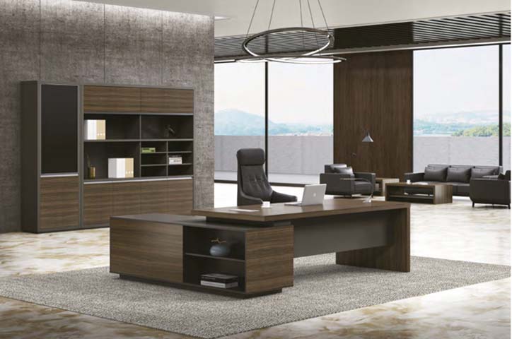 Modern L-Shaped Walnut and Matte Grey Executive Desk with Fixed Left Open Storage Return EXD-L2400-WG-OS