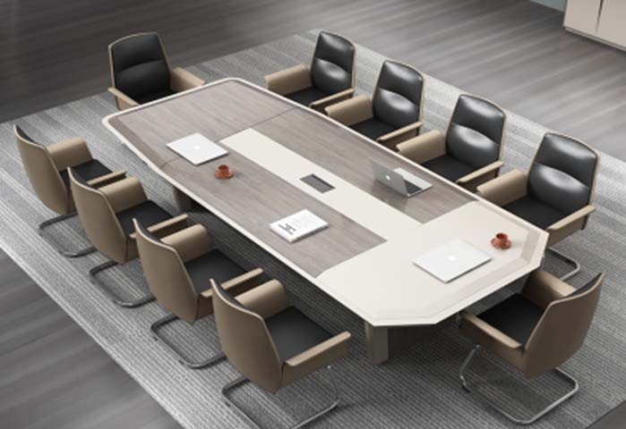 10-Person Boat-Shaped Two-Tone Conference Table with Central Cable Management CONF-BOAT-3050-10P-GRYWHT