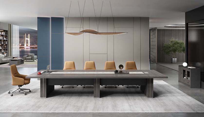 Gray Wood Veneer 10-Person Rectangular Conference Table with Three Pedestal Bases CF-TP3-3200GR