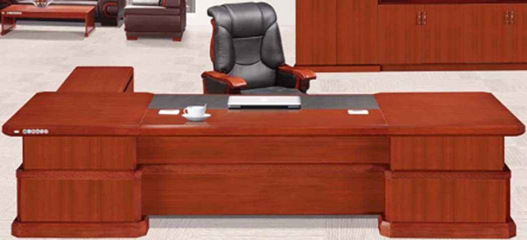 L-Shaped Red Brown Wood Veneer Executive Office Desk with Leather Writing Inlay EXE-L-RB-2400