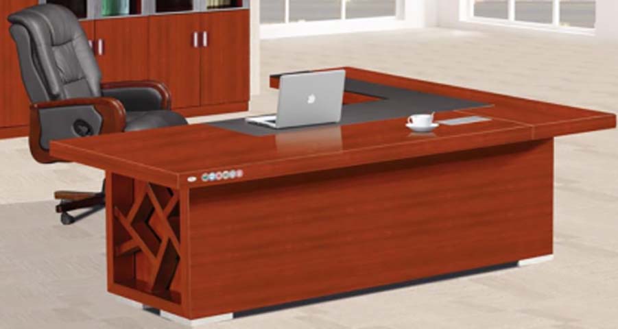 Reddish Brown Veneer L-Shaped Traditional Executive Desk with Dark Inlaid Writing Surface EXE-L-RB-2400-LATTICE