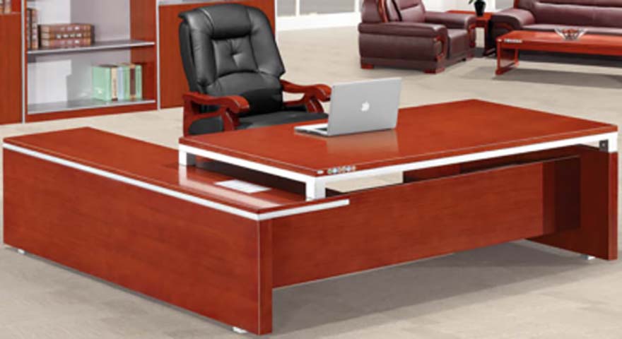 Glossy Red Walnut Veneer L-Shaped Executive Desk with Silver Perimeter Trim EXD-LRW-SMT-2400
