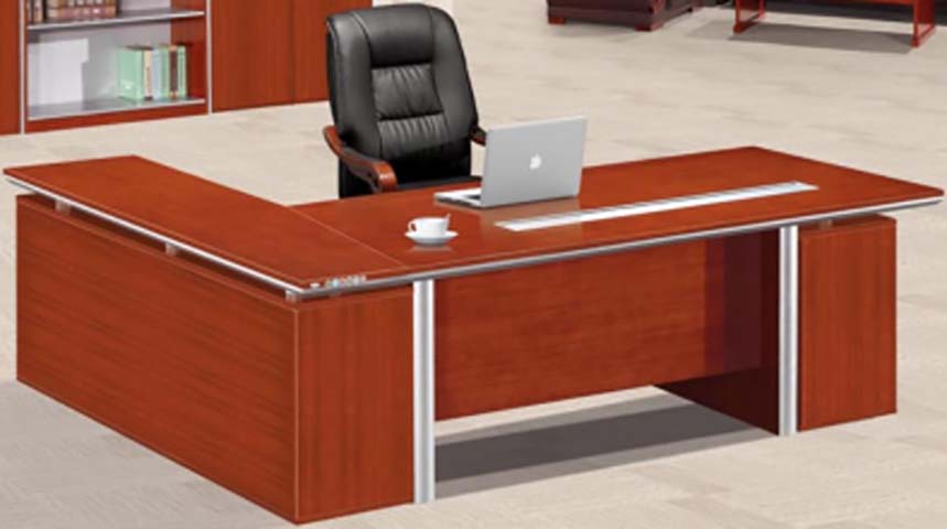 L-Shaped Red-Brown Veneer Executive Desk with Chrome Trim and Side Return Pedestal EXD-L2400-CHR-MAH