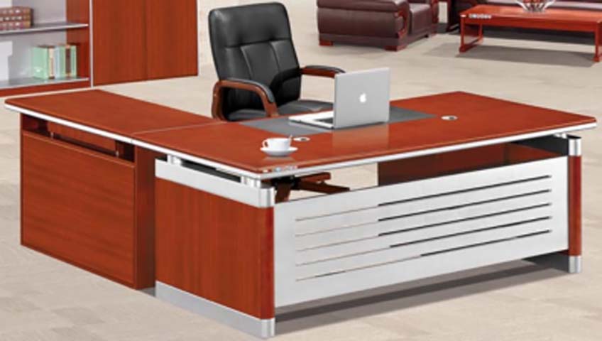 L-Shaped Executive Office Desk with Fixed Side Pedestal EXD-L2000-WAL-MTL