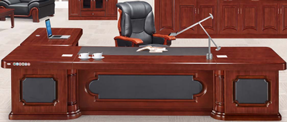 Traditional Red Wood Veneer L-Shaped Executive Desk with Inset Leather Writing Pad EXD-L2800-RV-LEAT