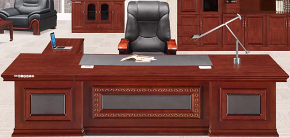 L-Shaped Traditional Reddish-Brown Wood Veneer Executive CEO Desk with Leather Inlay EXEC-L-TRAD-RW-3200