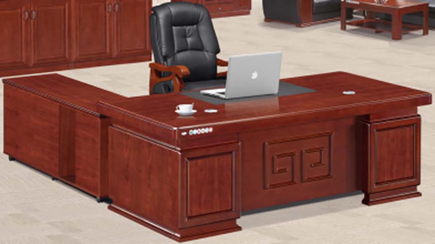 Traditional Chinese Style L-Shaped Mahogany Veneer Executive Desk EXD-L2800-MAH-CARVED
