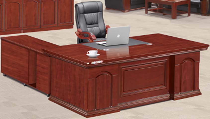 L-Shaped Red Wood Veneer Traditional Executive Desk with Left Side Return Cabinet EXD-L2800-MAH-PANEL
