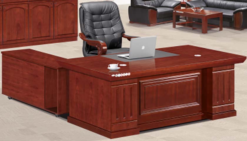 L-Shaped Glossy Reddish-Brown Wood Veneer Executive Office Desk with Mobile Side Return EXE-L-RB-2800