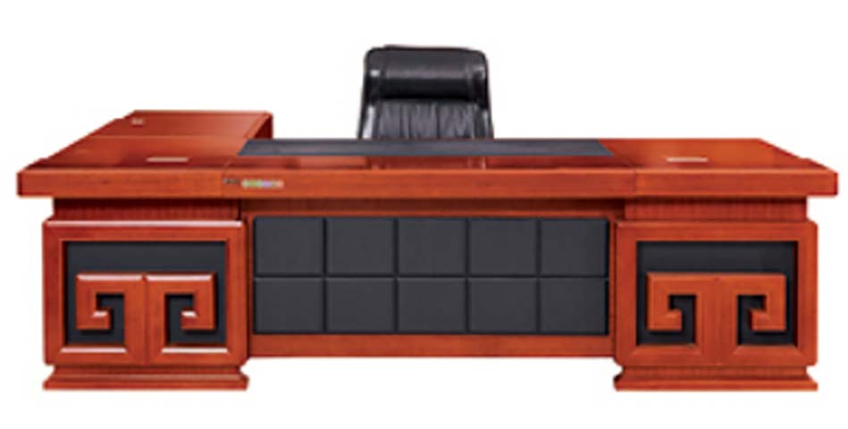 L-shaped Traditional Chinese Red Wood Veneer Executive Desk with Hui-style Fret Carving EXD-L-CHN-3200